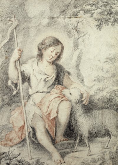 Der junge Johannes der Täufer mit dem Lamm in einer felsigen Landschaft von Bartolomé Esteban Murillo